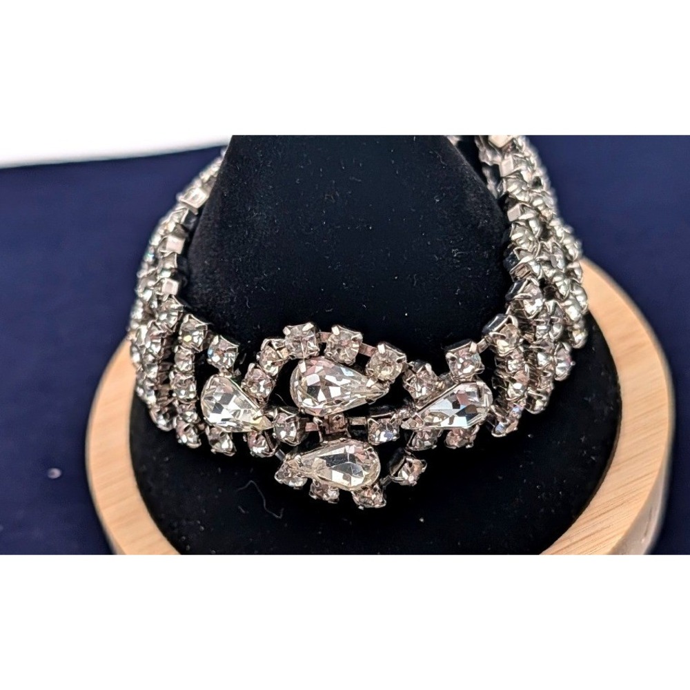 Vintage Silver Tone Triple Strand Clear Rhinestone Bracelet Pear Cut Cluster